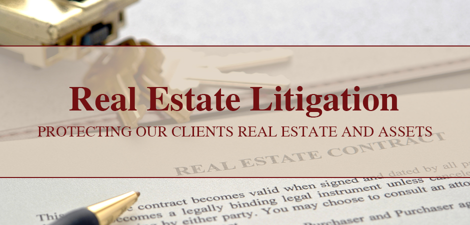 real estate contract with a pen and a set of keys on it with the words Real Estate Litigation overlayed